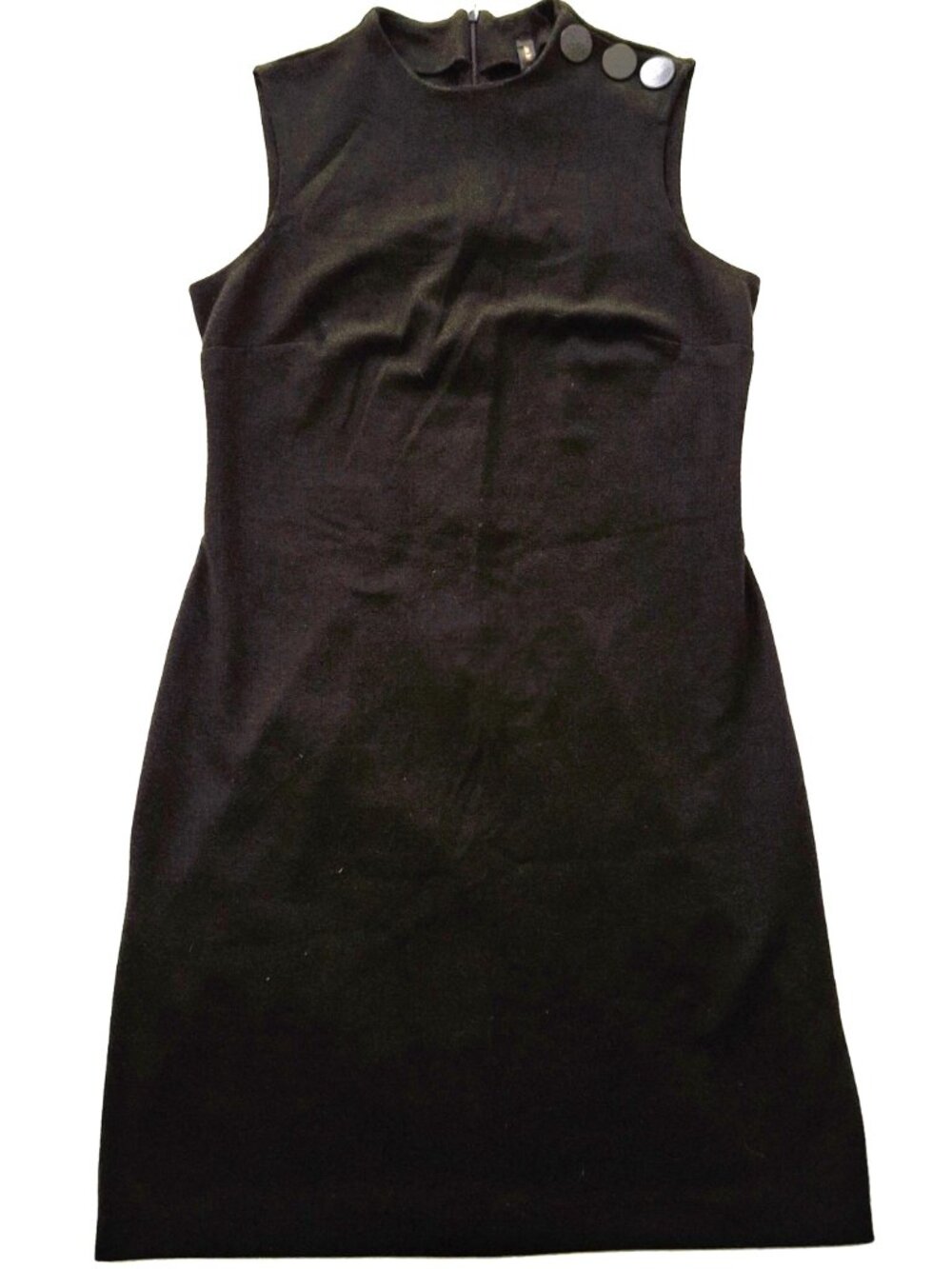 Vintage Sz M Black Shift Dress Mock Neck Sleeveless Accent Buttons Lori M LBD